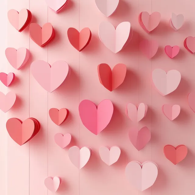 Minimalist 3D paper hearts floating on soft pink Valentine background with gentle light