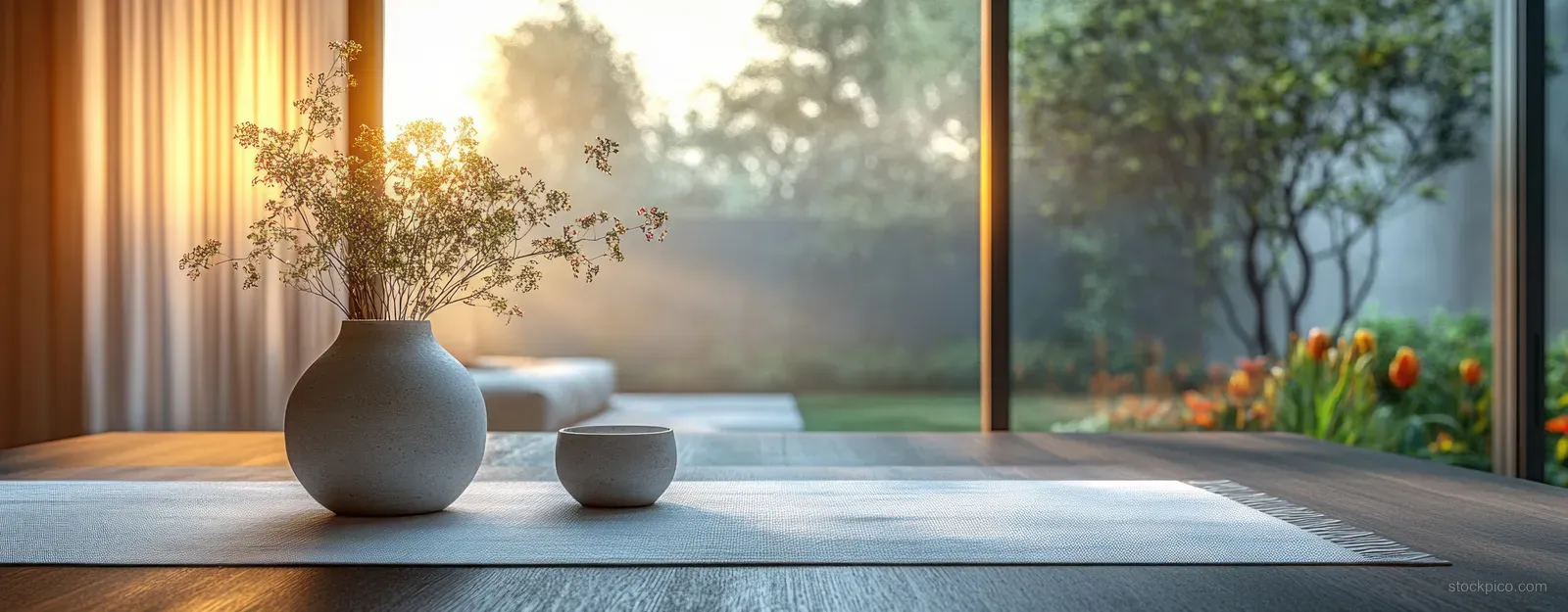 Sunlit dining table with a white table runner, minimal dishes, and a blurred garden view through windows.