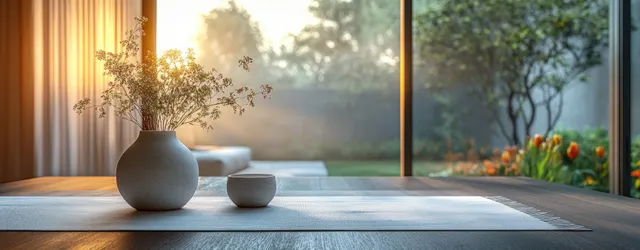 Sunlit dining table with a white table runner, minimal dishes, and a blurred garden view through windows.