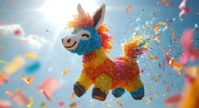 Cheerful donkey piñata bursting with confetti against a bright blue sky