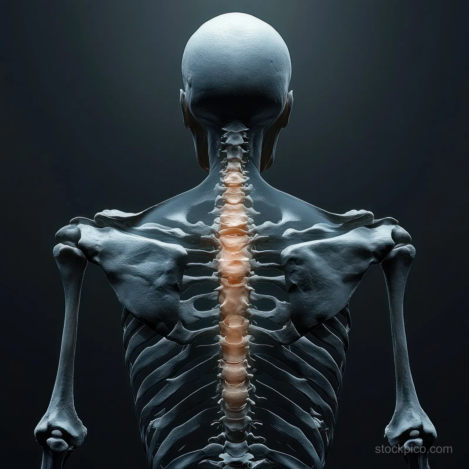 Rear view skeleton model with illuminated spine and shoulder joints against a dark chiaroscuro background.