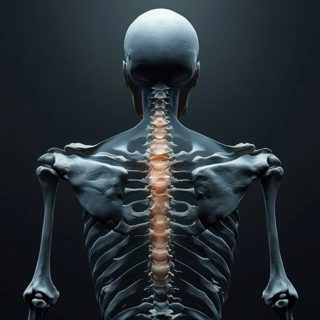 Back view skeleton model with glowing spine and shoulder joints under chiaroscuro lighting