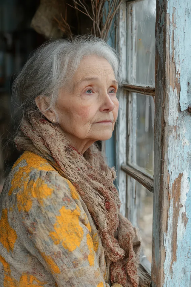 An elderly woman in a scarf sits beside a weathered window with peeling paint and soft sunlight shadows.