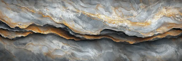 Close-up of layered rock with gray strata, black streaks, and rusty orange mineral weathering across a rough surface.
