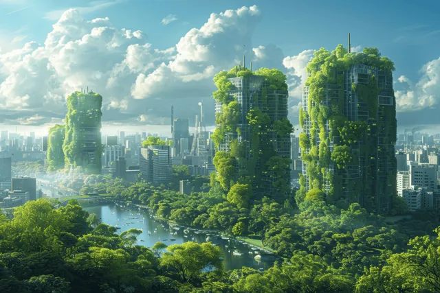 Futuristic green skyscrapers rise above a river, wrapped in vertical gardens and misty clouds