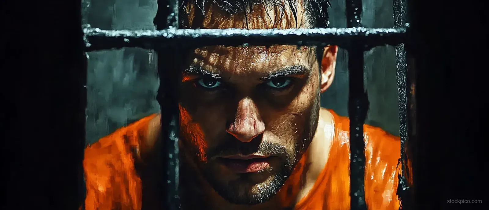 A man in orange prison clothing stares through wet metal bars as rain and sweat cover his face.