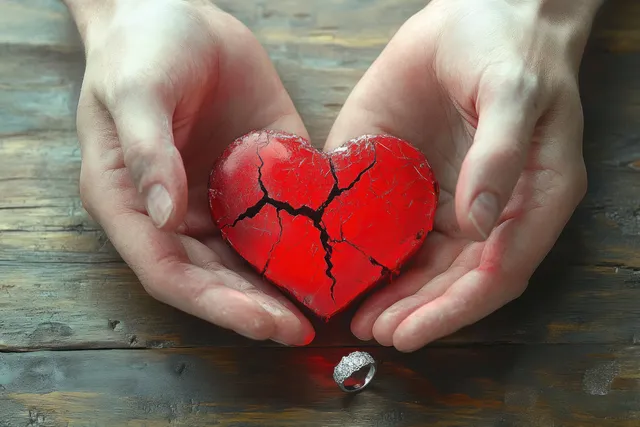 Two hands hold a cracked red heart above a rustic table with a broken wedding ring nearby.