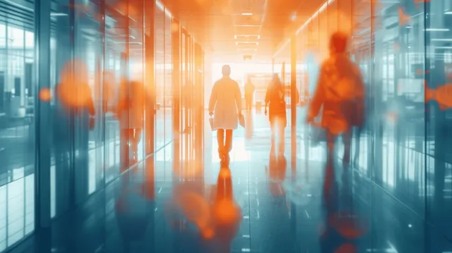 Blurred hospital corridor scene shows clinicians walking amid bright sunlight and streaked movement.