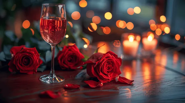 Wine glass and red roses on candlelit table with blurred city lights at night