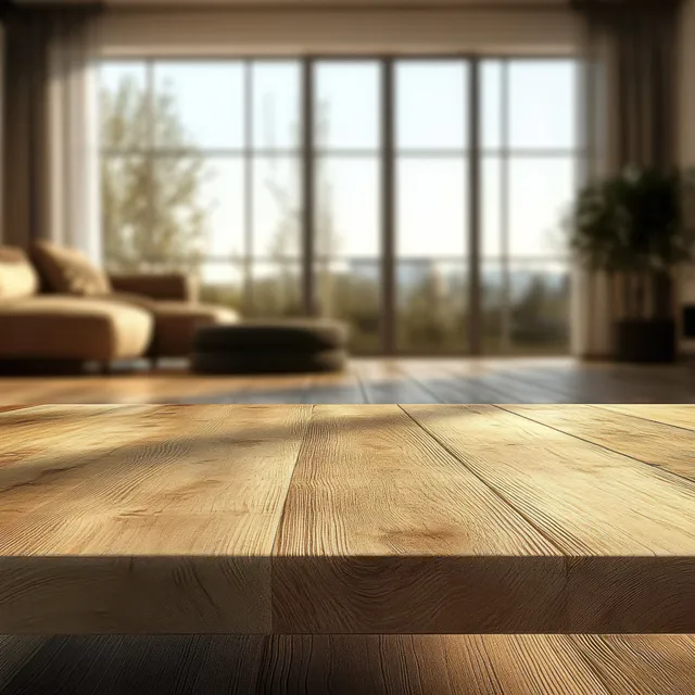 Sunlit wooden tabletop in a cozy living room with warm daylight through large glass doors and blurred outdoor greenery.