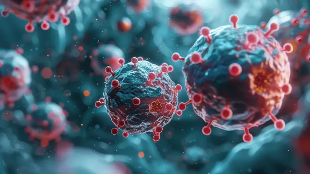 Red and blue virus particles float within a teal stained cancer tissue background under a microscope view.