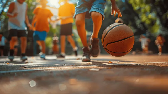 A boy dribbles a basketball on an outdoor court with children in a blurry, sunlit background.