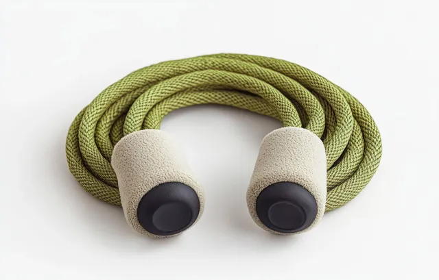 Green coiled jump rope with beige foam handles and black plastic ends resting on a white background.