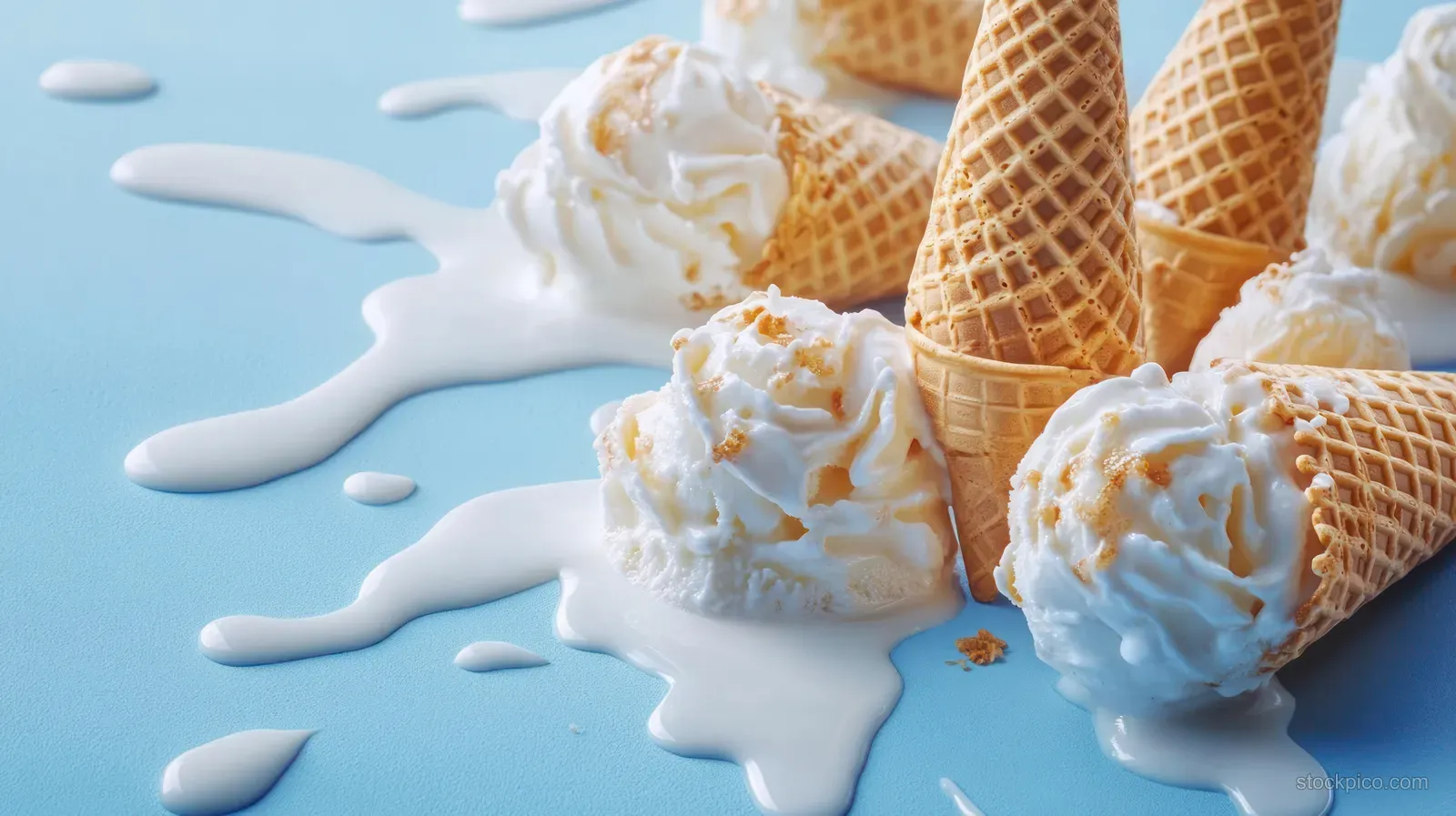 Melting vanilla ice cream drips from tipped waffle cones across a blue background.