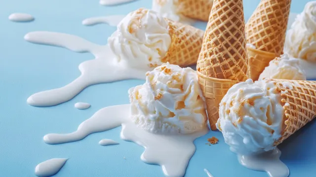 Melting vanilla ice cream drips from tipped waffle cones across a blue background.