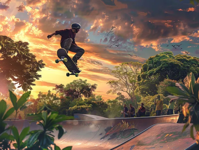 A skateboarder flies over a skate park ramp at sunset while spectators and greenery fill the background.