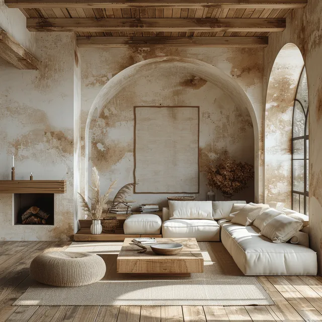 A Mediterranean living room with a white sectional, wooden coffee table, fireplace, and arched windows.