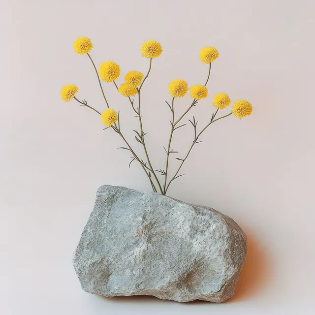 Yellow billy button flowers sprout from a rough blue stone in a minimalist top-view still life.
