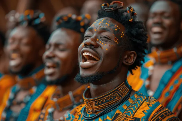 African choir performer singing in a community hall wearing vibrant patterned traditional clothing.