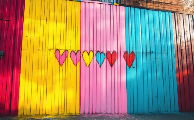 Multicolored heart graffiti painted on a striped yellow, pink, and cyan corrugated metal wall.