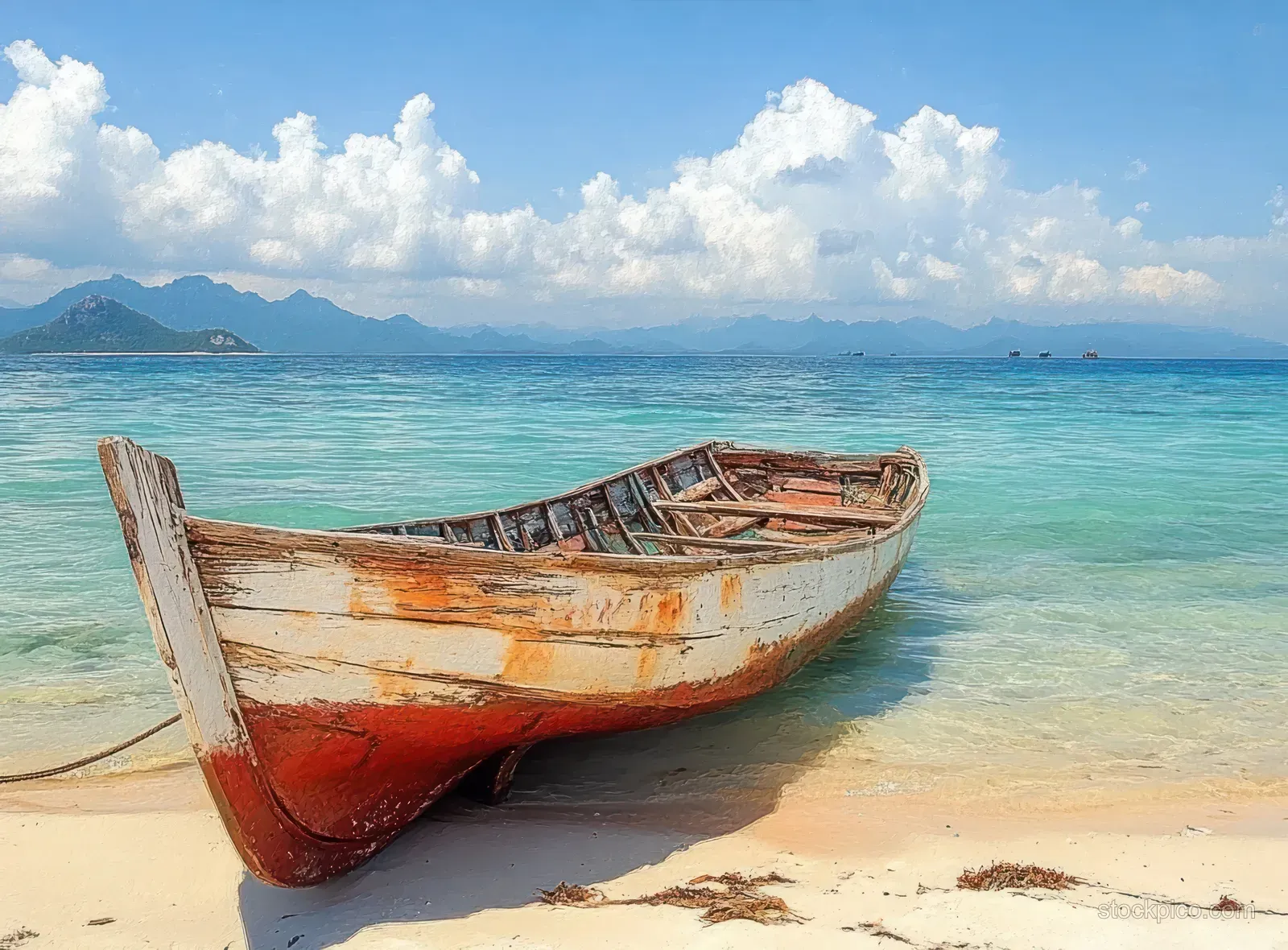 A weathered wooden boat lies on white sand while turquoise water and distant mountains stretch under scattered clouds.