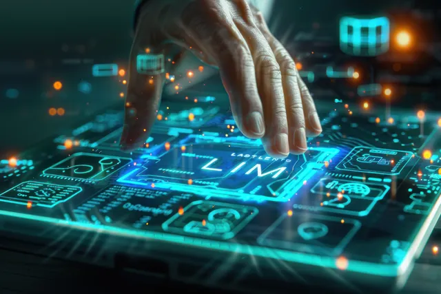 Hand tapping a glowing holographic touchscreen with floating icons and interface panels