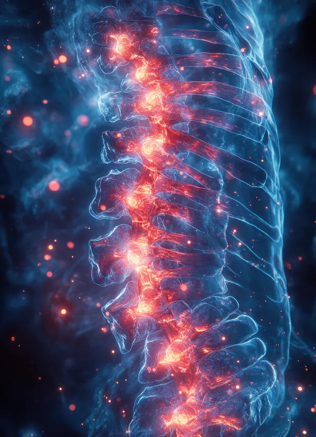 3D spine pain illustration with glowing cervical and sacral vertebrae in a sci‑fi body