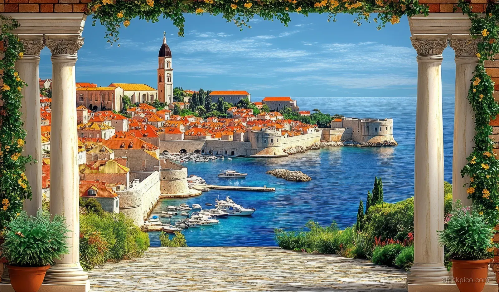 Dubrovnik harbor view with a church steeple, marina boats, and red-roofed buildings framed by stone columns.