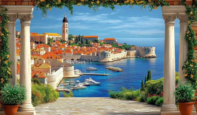Dubrovnik harbor view with a church steeple, marina boats, and red-roofed buildings framed by stone columns.