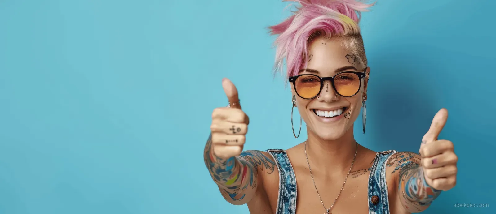 Smiling punk woman with pink hair and tattoos giving thumbs up while wearing sunglasses on a blue background.