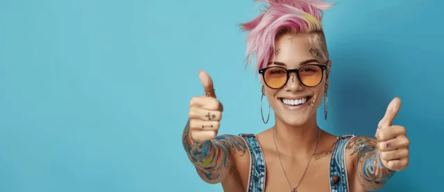 Punk woman with pink hair and tattoos giving thumbs up, smiling on blue backdrop