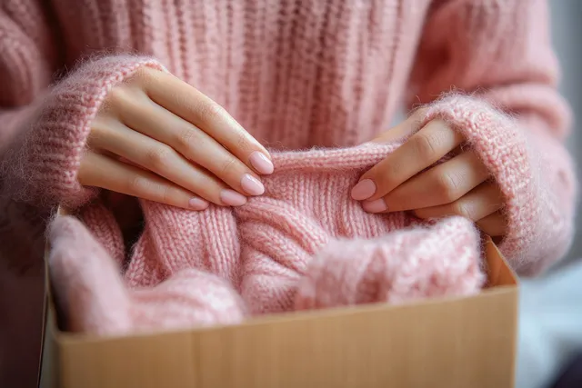 Hands lift a soft pink knitted sweater from an open cardboard box, showing knit texture and pastel tones.