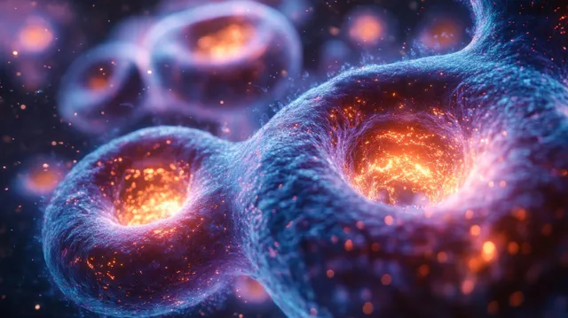 Bioluminescent stem cells dividing in microscopic view with glowing nuclei and soft nebula background
