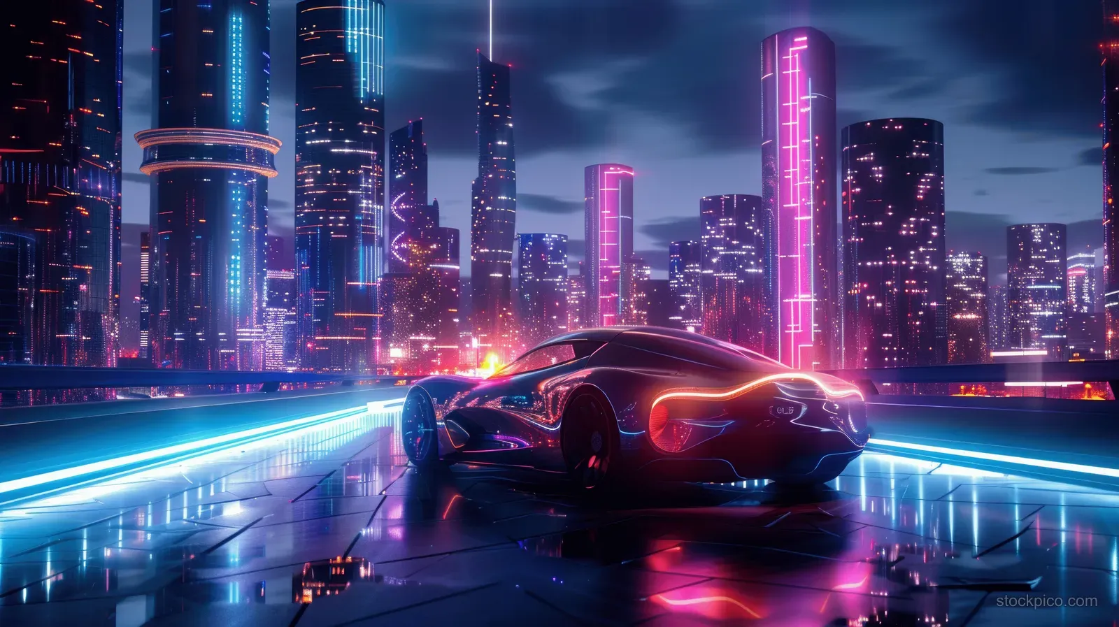 An electric sports car drives through a neon-lit city at night with glowing reflections.