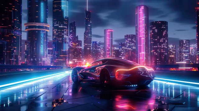 An electric sports car drives through a neon-lit city at night with glowing reflections.