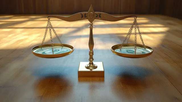 Golden balance scale weighing two dollar bills on a wooden table with subtle shadows