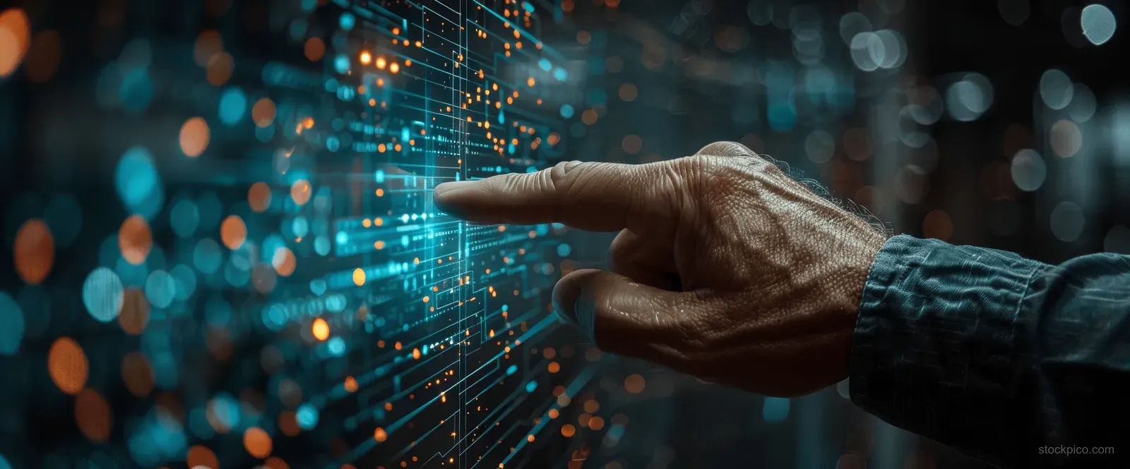 Silhouetted hand reaches into a dark digital network with glowing nodes and connecting data lines.