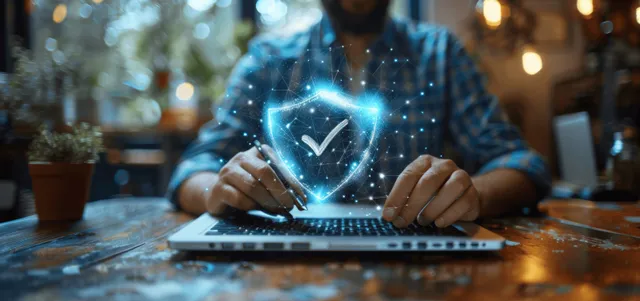 A businessperson types on a laptop while glowing encryption and lock icons float above the screen.