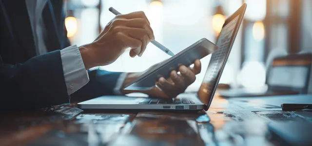 Two suited businessmen collaborate at an office table, one holding a tablet while the other works on a laptop.