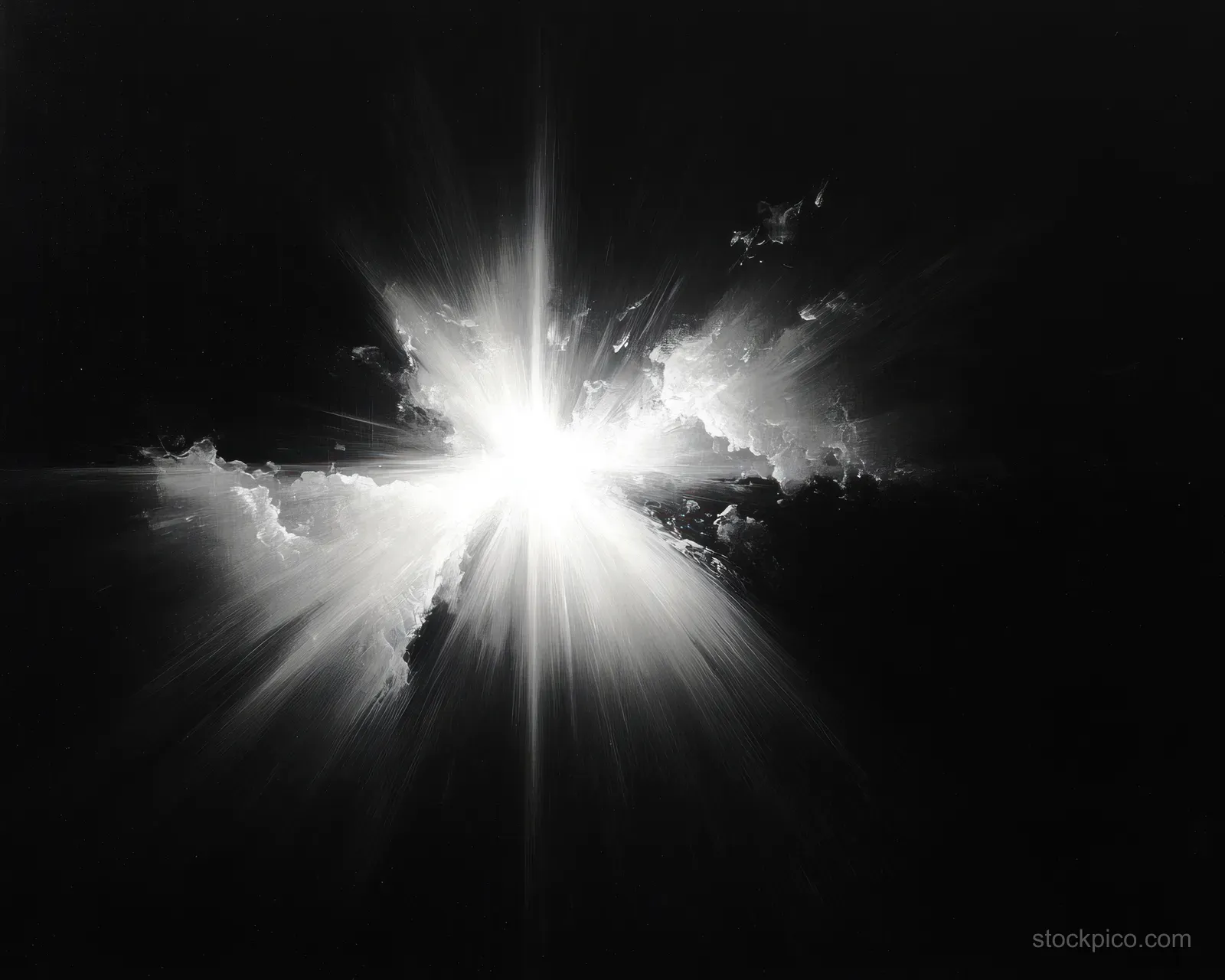 White light starburst explosion with radiating rays and textured mist clouds on a deep black background.