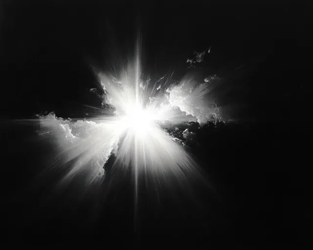 White light starburst explosion with radiating rays and textured mist clouds on a deep black background.