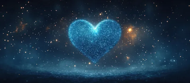 Glittering blue heart formed by stardust floating in a dreamy deep-night sky