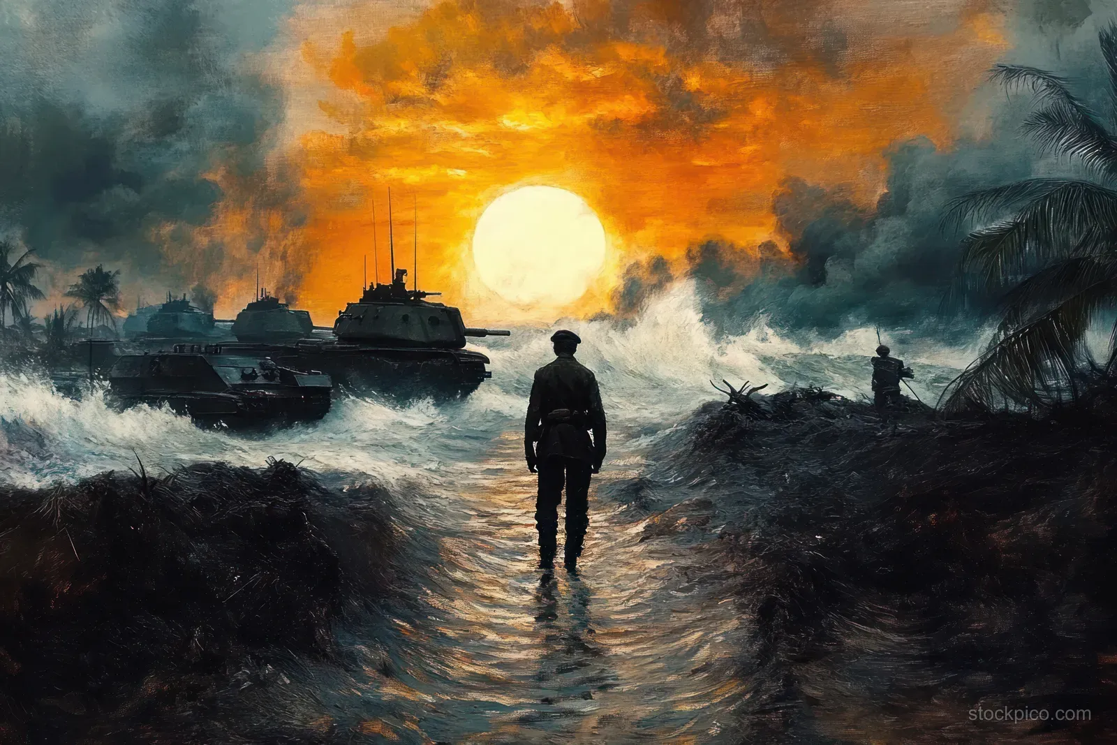 Silhouetted soldier walking on a smoky battlefield path with armored tanks and a blazing orange sunset in the background.