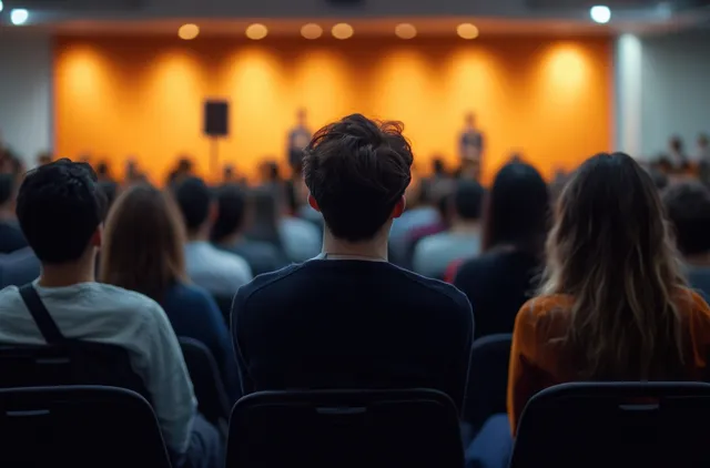 Back view of business audience listening as a speaker presents on stage in conference hall
