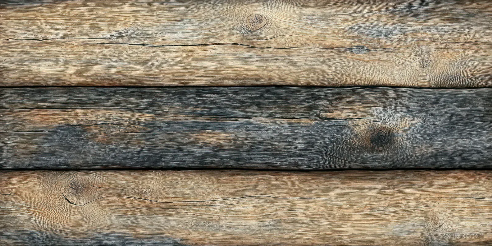 Weathered wooden planks close up with knots and grain patterns in brown and gray tones.