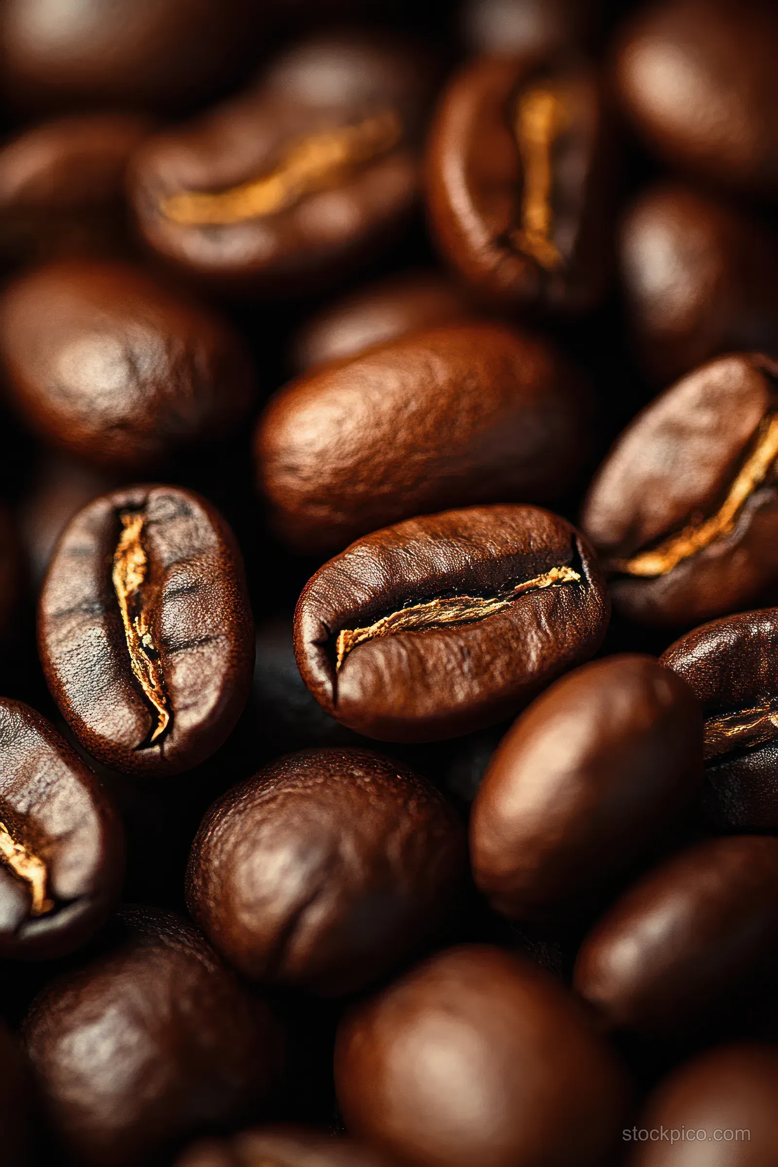 Close-up of dark roasted coffee beans showing glossy texture and rich brown color.