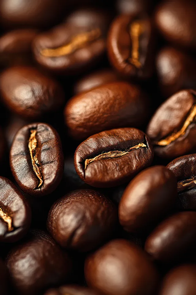 Macro view of dark roasted coffee beans with glossy texture and warm brown tones