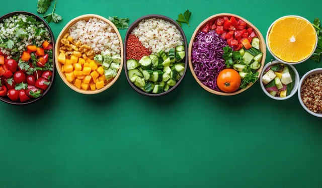 Colorful vegetable and fruit salad bowls on green background with citrus and herbs