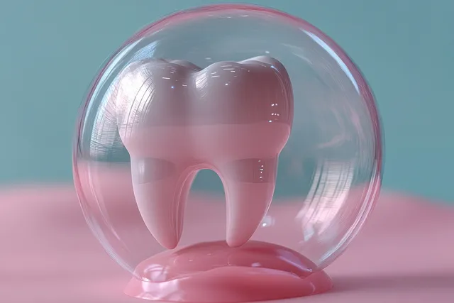 A shiny white tooth inside a soap bubble on a pink gum base under soft pastel lighting.