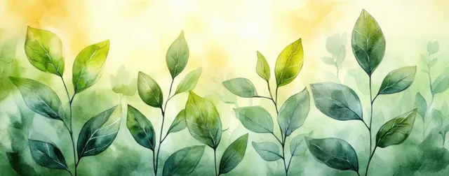 Green watercolor leaf sprigs on thin branches over a light beige and pale green background wash.